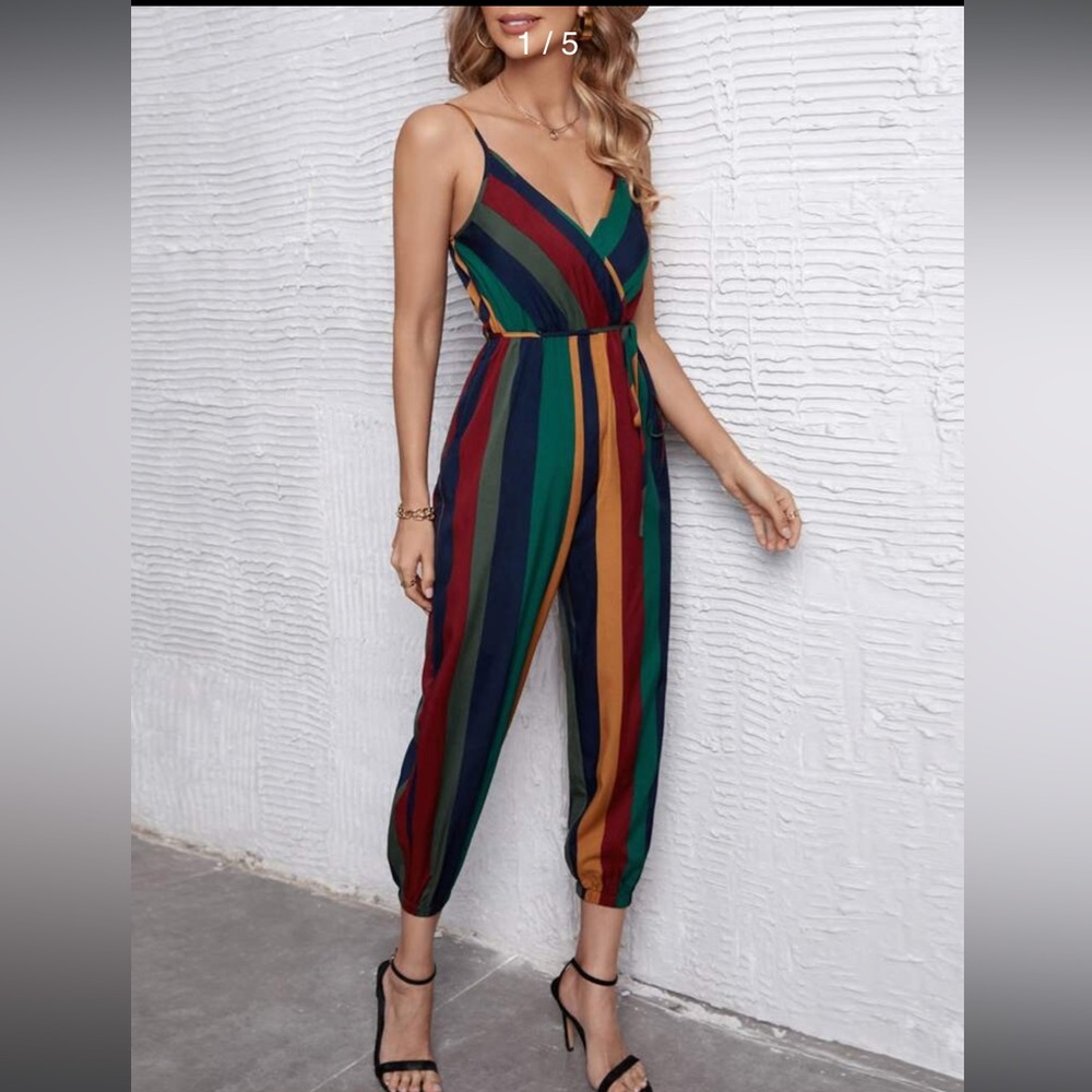 NWT SHEIN VCAY Block Striped Surplice Neck Belted Cami Jumpsuit XS